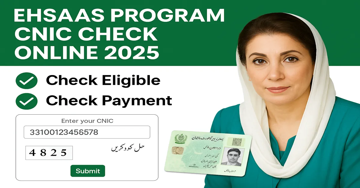 Pakistani woman using CNIC to check Ehsaas Program 8171 online in 2025, showing eligibility, registration, and payment status on screen.